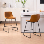 Set of 2 brown counter height and bar height stools with padded seats and metal legs, modern minimalist design