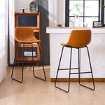 Set of 2 brown counter height and bar height stools with padded seats and metal legs, modern minimalist design