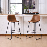 Set of 2 dark brown counter height and bar height stools with padded seats and metal legs, modern minimalist design