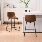 Set of 2 dark brown counter height and bar height stools with padded seats and metal legs, modern minimalist design