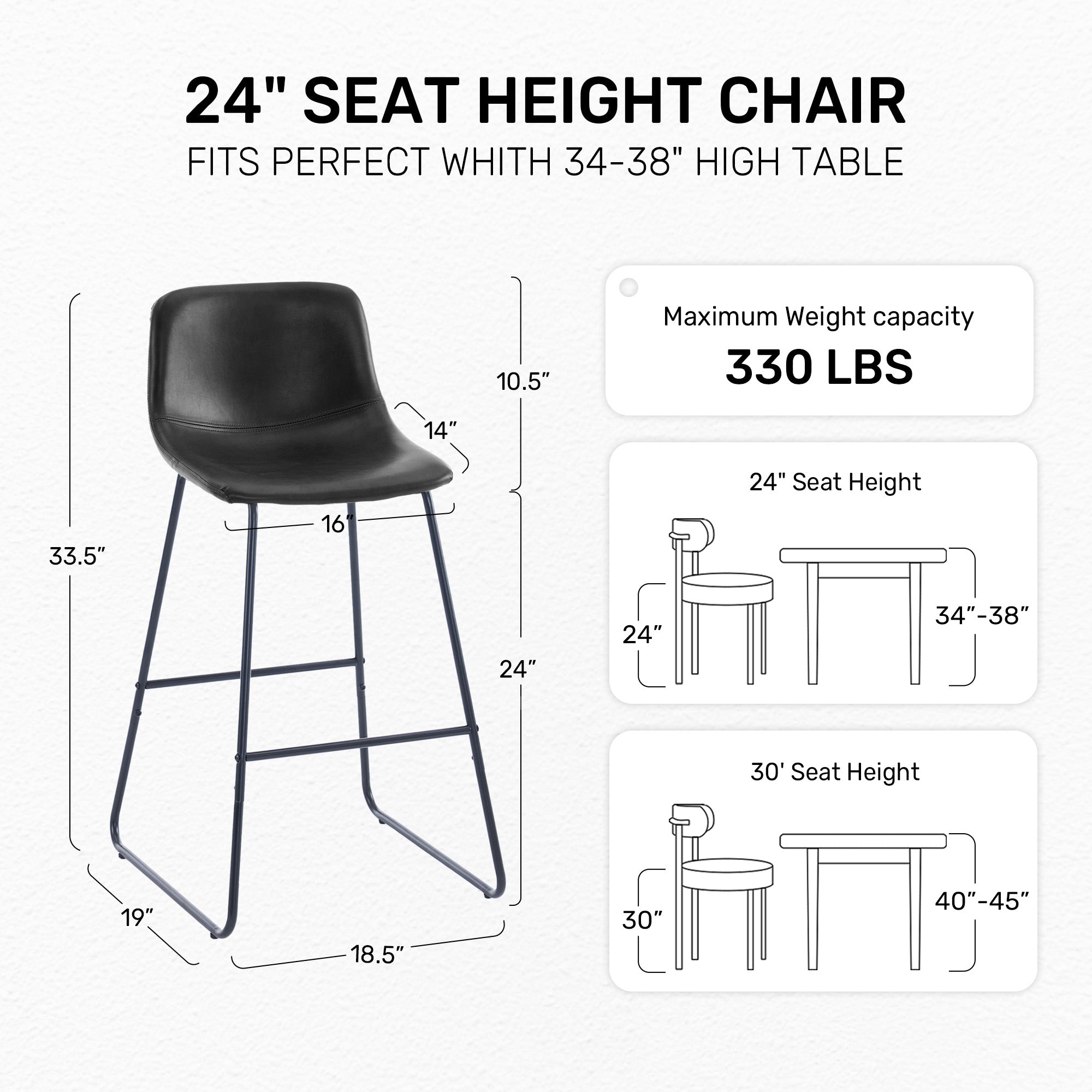 Black counter height stool with cushioned seat and metal legs, ideal for kitchen island seating