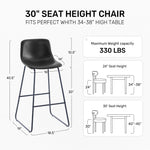 Black bar height stool with padded seat and metal legs, designed for home bar or high counter