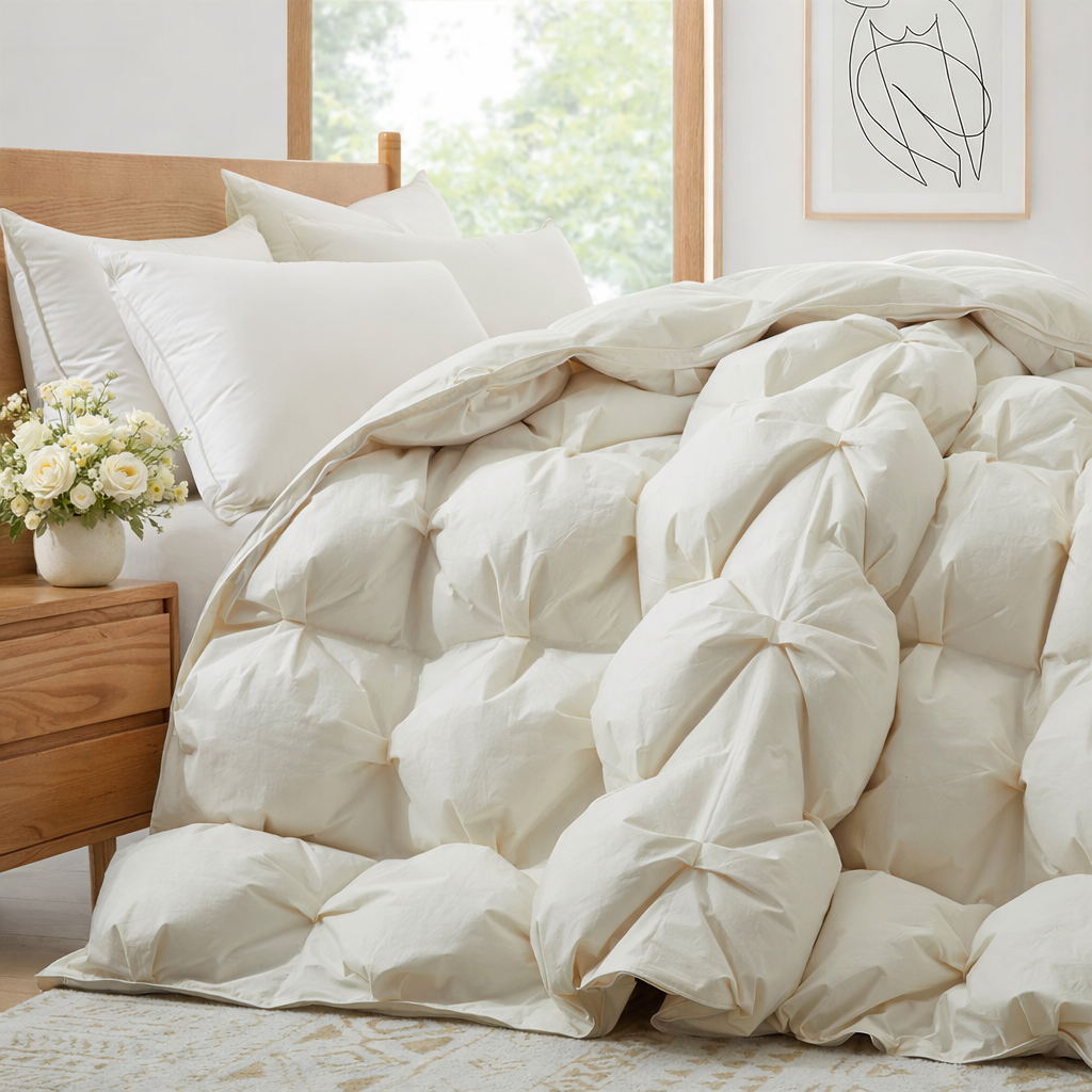 The down comforter is brushed in the pearly tones of off-white. Bring sophisticated elegance to your bedroom decor with this off-white bed comforter.