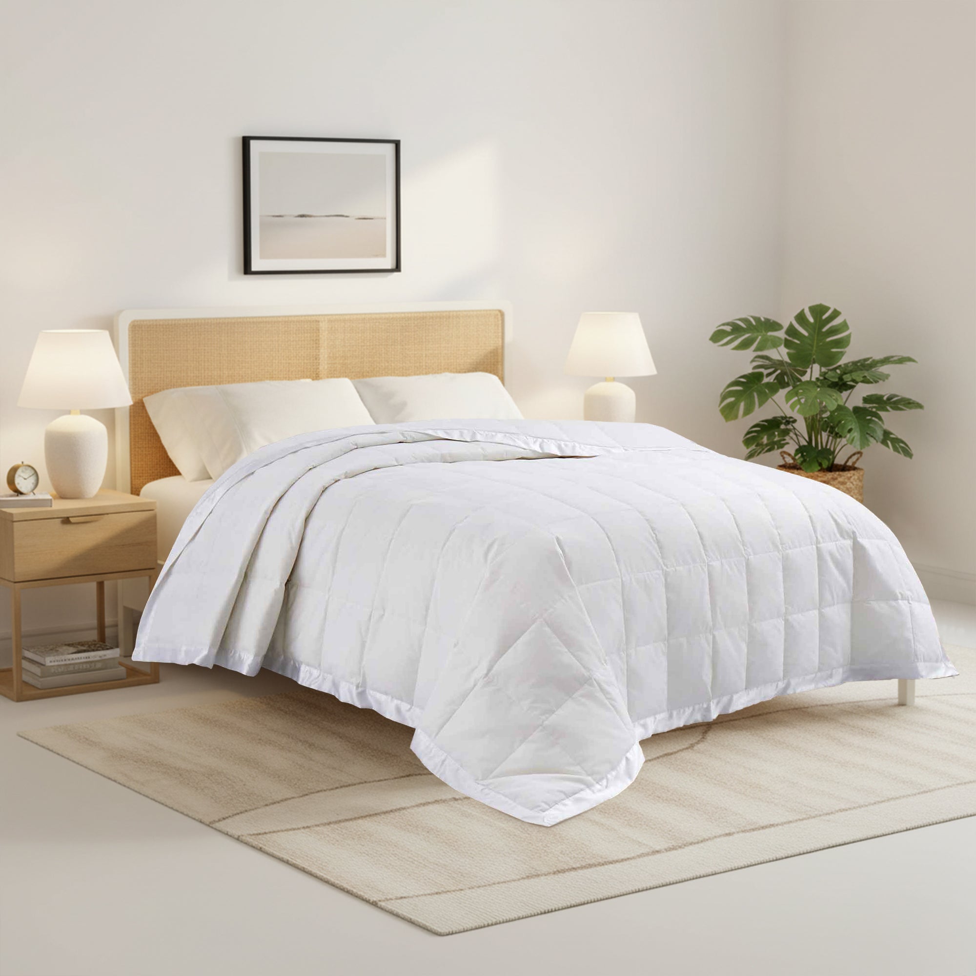 White down feather blanket with 100% cotton cover and box quilting, lightweight and breathable for year-round comfort