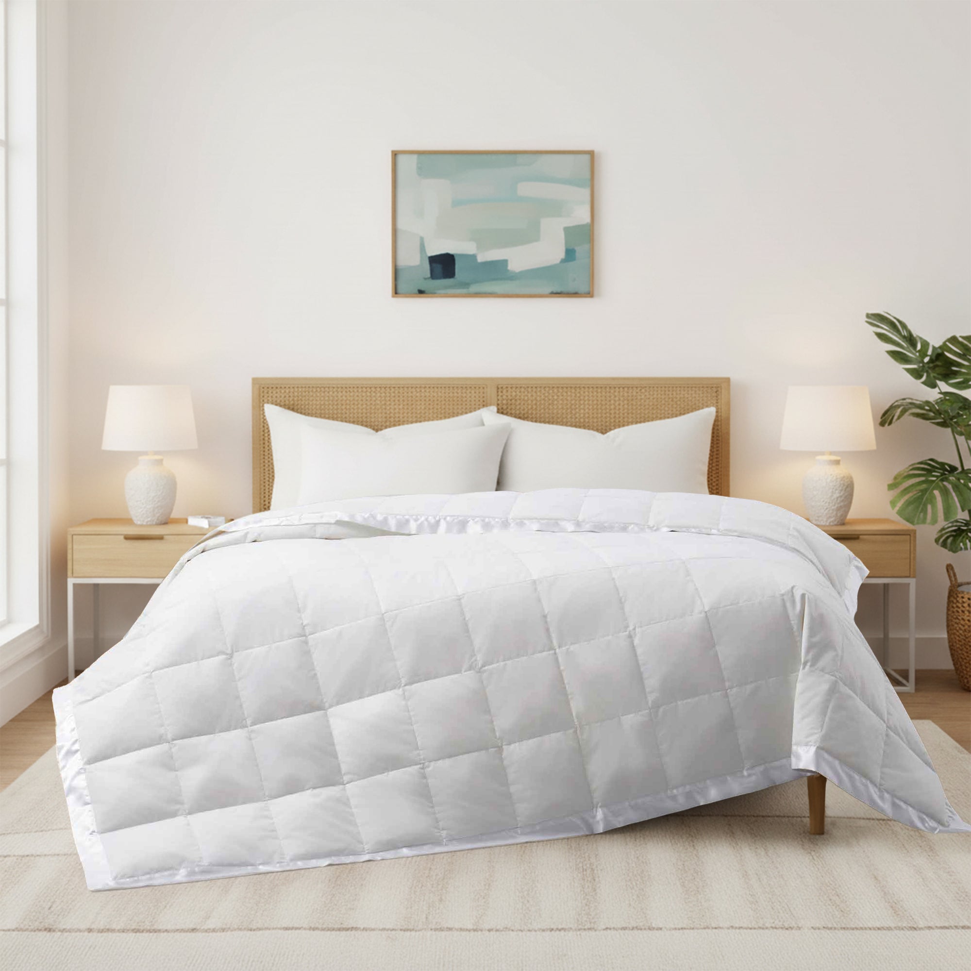 White down feather blanket with 100% cotton cover and box quilting, lightweight and breathable for year-round comfort
