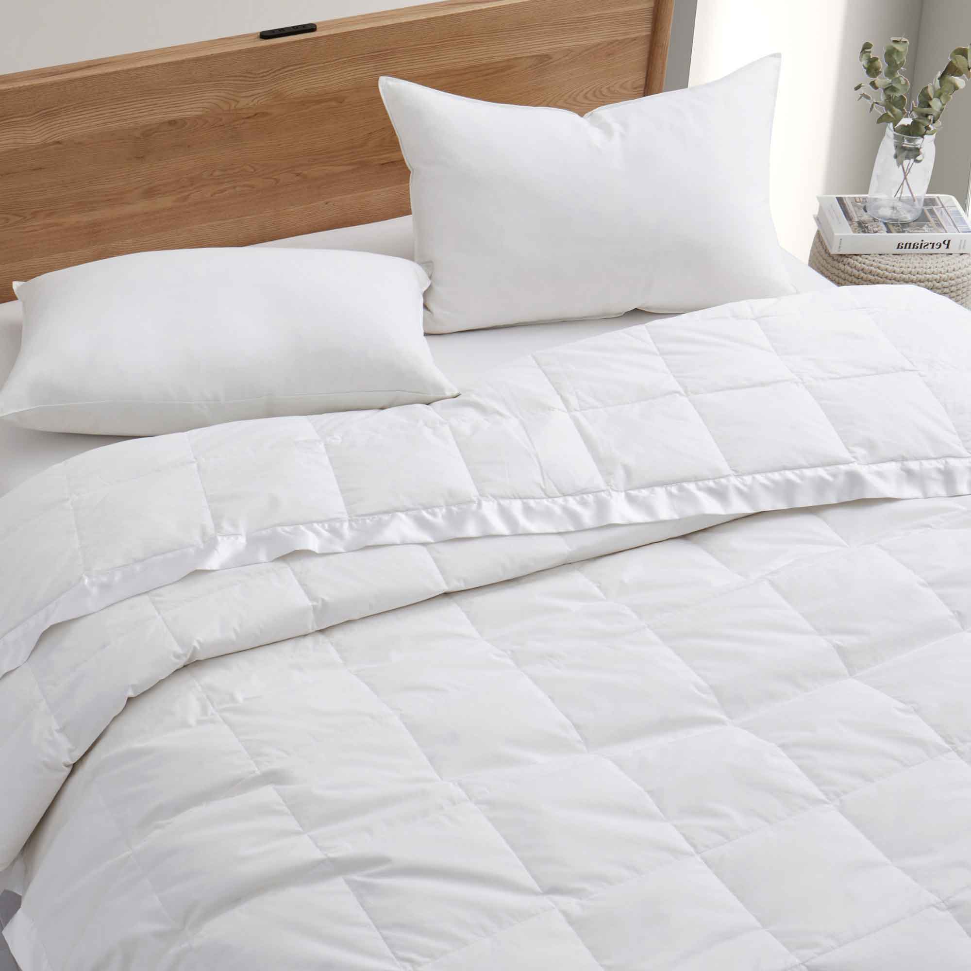 White down feather blanket with 100% cotton cover and box quilting, lightweight and breathable for year-round comfort