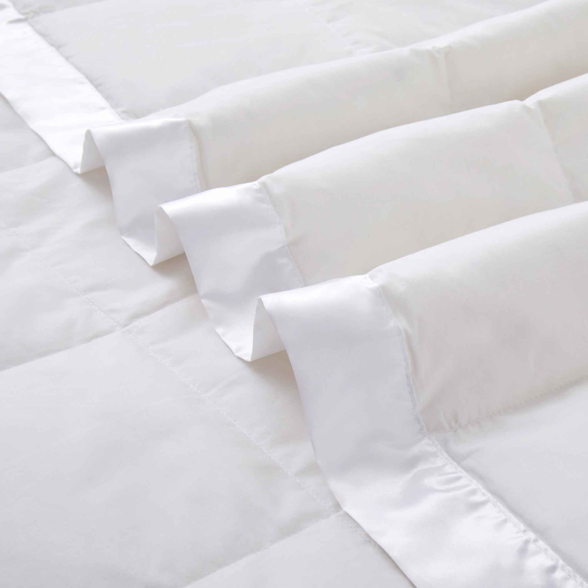 White down feather blanket with 100% cotton cover and box quilting, lightweight and breathable for year-round comfort