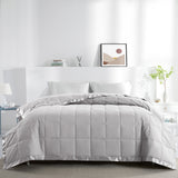 Lightweight light gray down blanket with 100% cotton cover and box quilting, featuring contrast piping and breathable comfort for year-round use