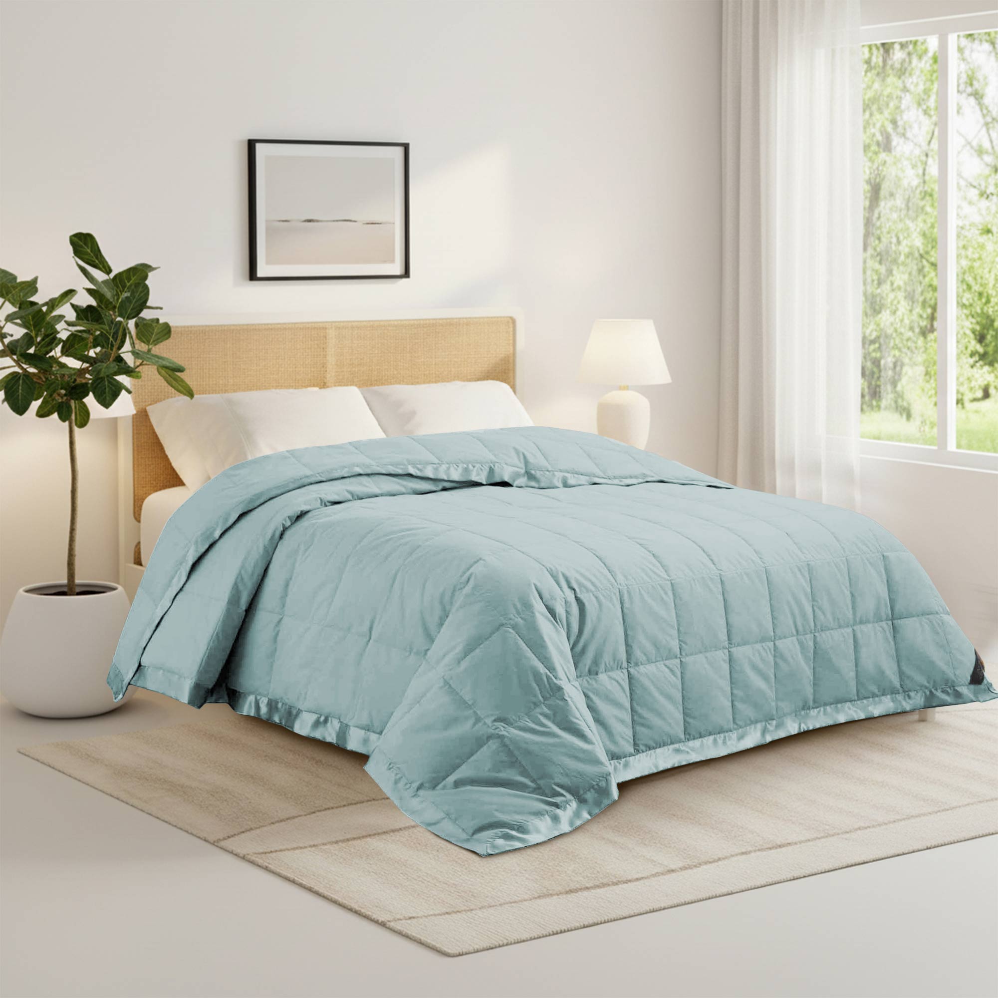 Lightweight winter sky down blanket with 100% cotton cover and box quilting, featuring contrast piping and breathable comfort for year-round use