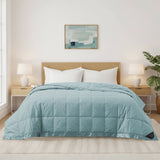 Lightweight winter sky down blanket with 100% cotton cover and box quilting, featuring contrast piping and breathable comfort for year-round use