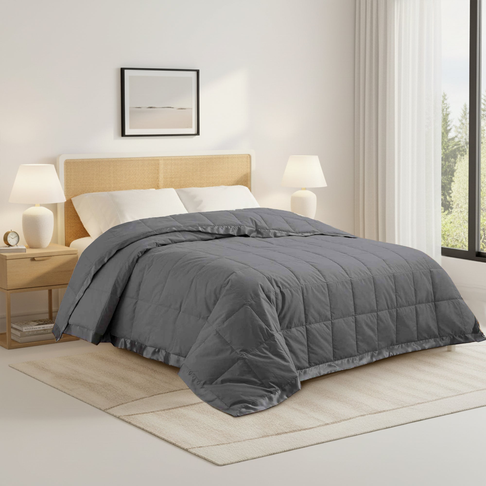 Lightweight dark gray down blanket with 100% cotton cover and box quilting, featuring contrast piping and breathable comfort for year-round use