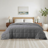 Lightweight dark gray down blanket with 100% cotton cover and box quilting, featuring contrast piping and breathable comfort for year-round use
