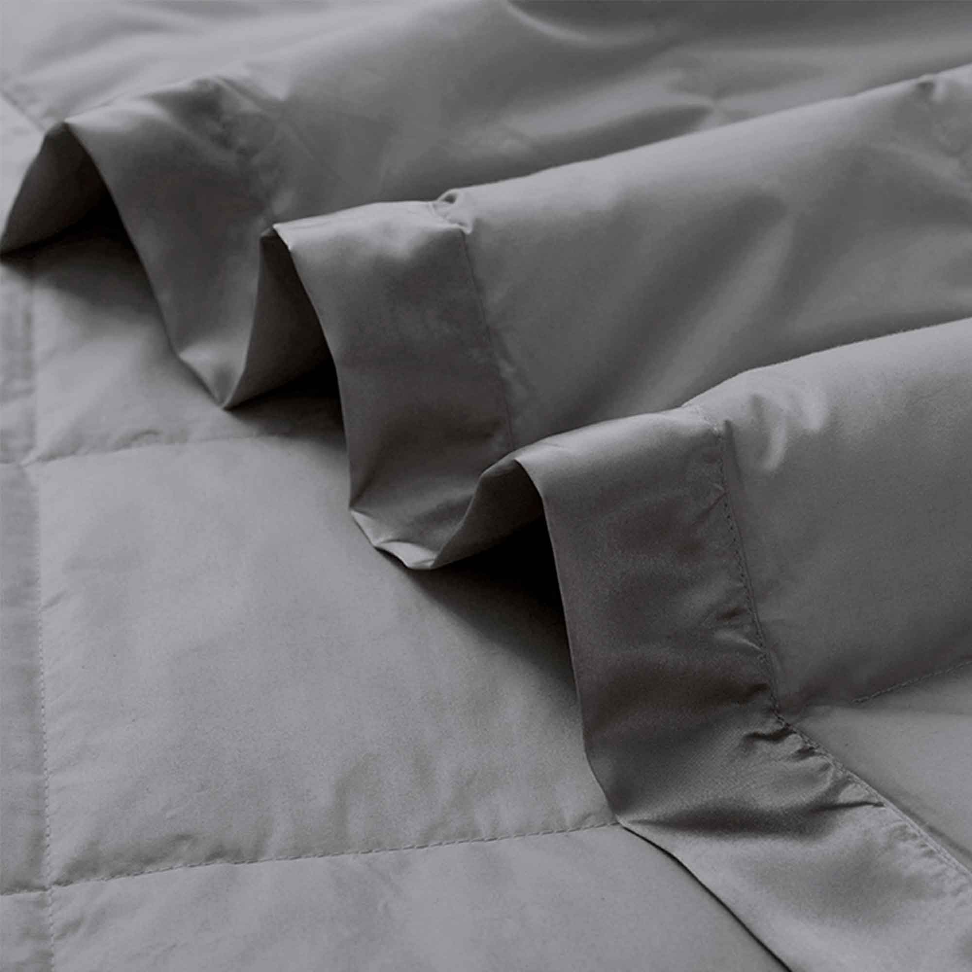 Lightweight dark gray down blanket with 100% cotton cover and box quilting, featuring contrast piping and breathable comfort for year-round use