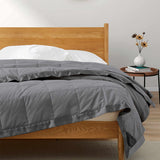 Lightweight dark gray down blanket with 100% cotton cover and box quilting, featuring contrast piping and breathable comfort for year-round use