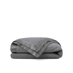 Lightweight dark gray down blanket with 100% cotton cover and box quilting, featuring contrast piping and breathable comfort for year-round use