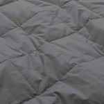 Lightweight dark gray down blanket with 100% cotton cover and box quilting, featuring contrast piping and breathable comfort for year-round use