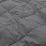 Lightweight dark gray down blanket with 100% cotton cover and box quilting, featuring contrast piping and breathable comfort for year-round use