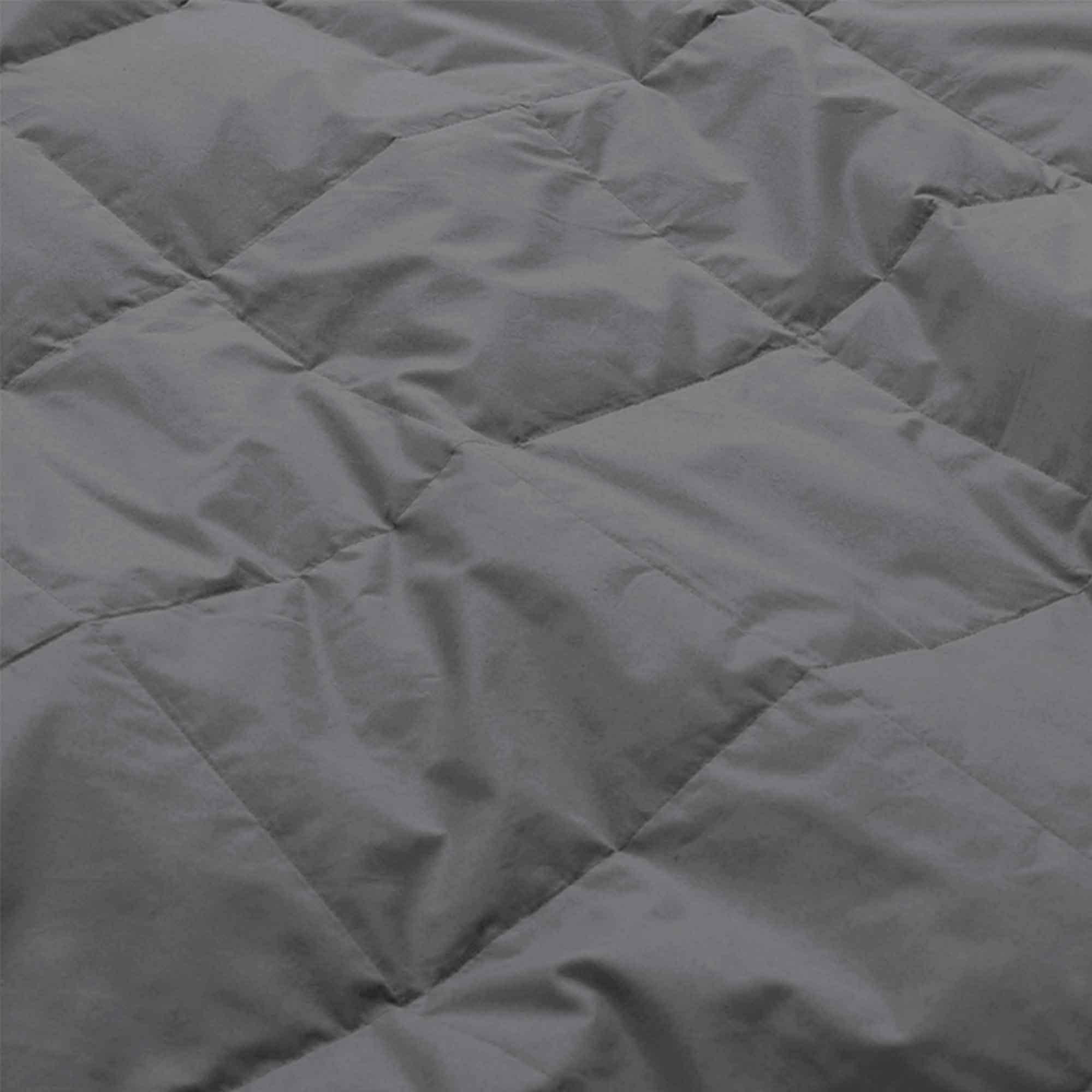 Lightweight dark gray down blanket with 100% cotton cover and box quilting, featuring contrast piping and breathable comfort for year-round use