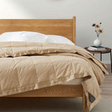 Lightweight pearled ivory down blanket with 100% cotton cover and box quilting, featuring contrast piping and breathable comfort for year-round use