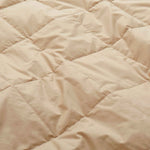 Lightweight pearled ivory down blanket with 100% cotton cover and box quilting, featuring contrast piping and breathable comfort for year-round use