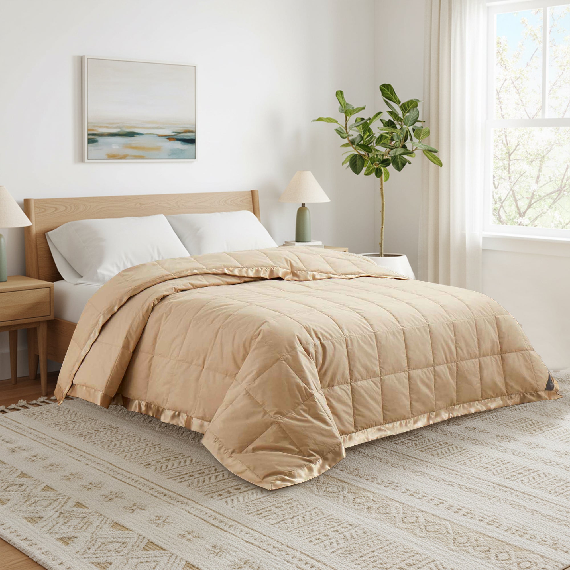 Lightweight pearled ivory down blanket with 100% cotton cover and box quilting, featuring contrast piping and breathable comfort for year-round use