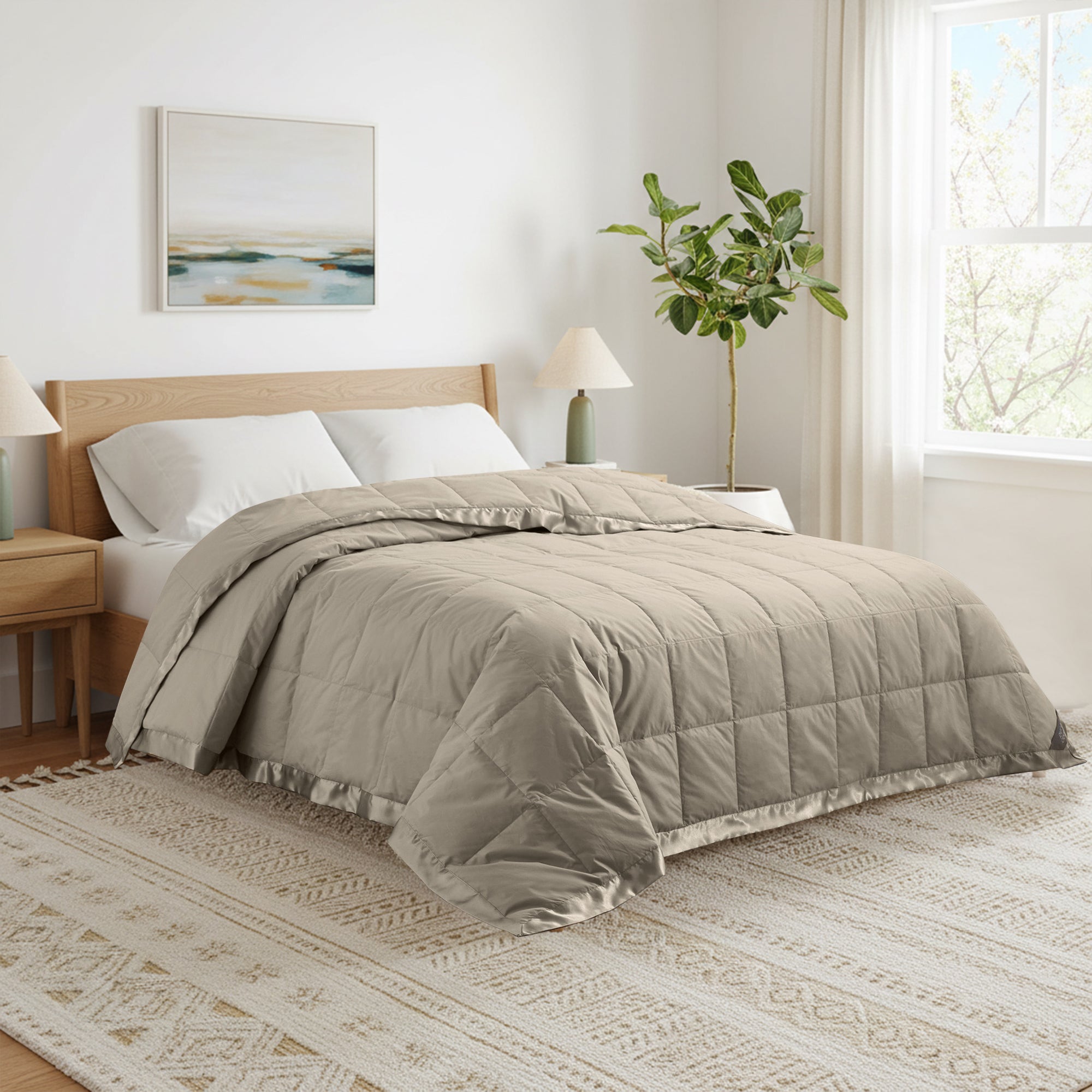 Lightweight vintaged khaki down blanket with 100% cotton cover and box quilting, featuring contrast piping and breathable comfort for year-round use