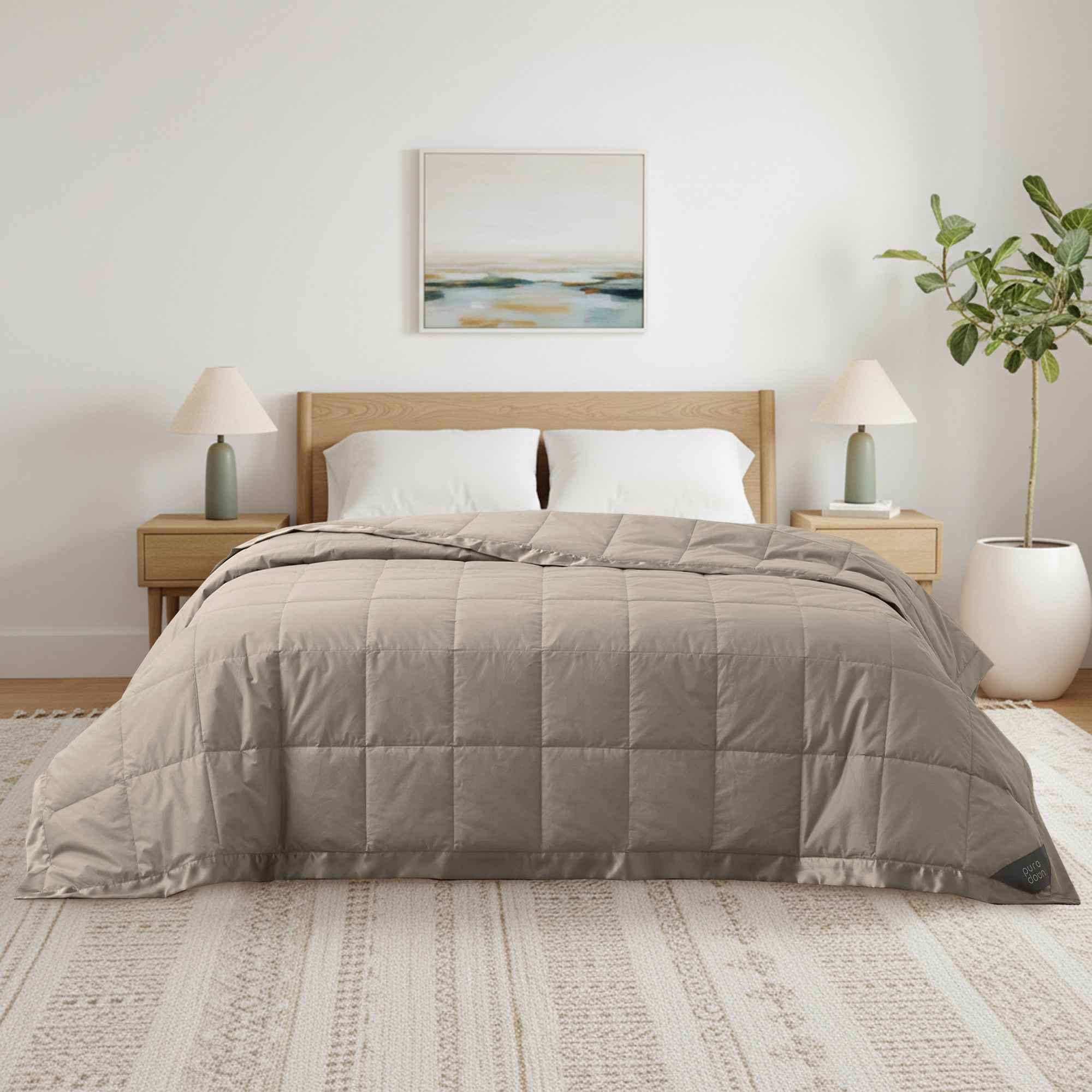 Lightweight vintaged khaki down blanket with 100% cotton cover and box quilting, featuring contrast piping and breathable comfort for year-round use