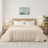 Lightweight caramel beige down blanket with 100% cotton cover and box quilting, featuring contrast piping and breathable comfort for year-round use