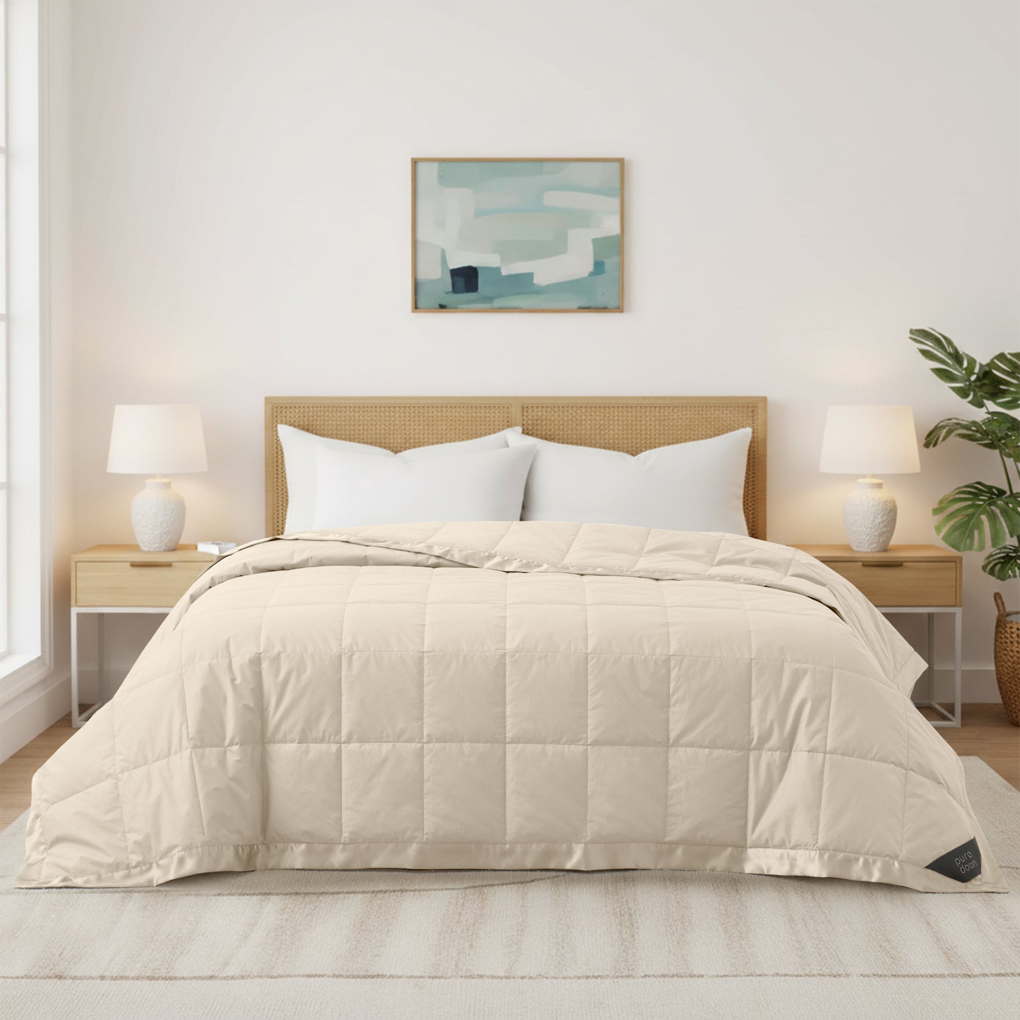 Lightweight caramel beige down blanket with 100% cotton cover and box quilting, featuring contrast piping and breathable comfort for year-round use