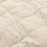 Lightweight caramel beige down blanket with 100% cotton cover and box quilting, featuring contrast piping and breathable comfort for year-round use