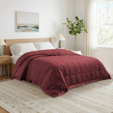 Lightweight wine red down blanket with 100% cotton cover and box quilting, featuring contrast piping and breathable comfort for year-round use