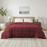 Lightweight wine red down blanket with 100% cotton cover and box quilting, featuring contrast piping and breathable comfort for year-round use