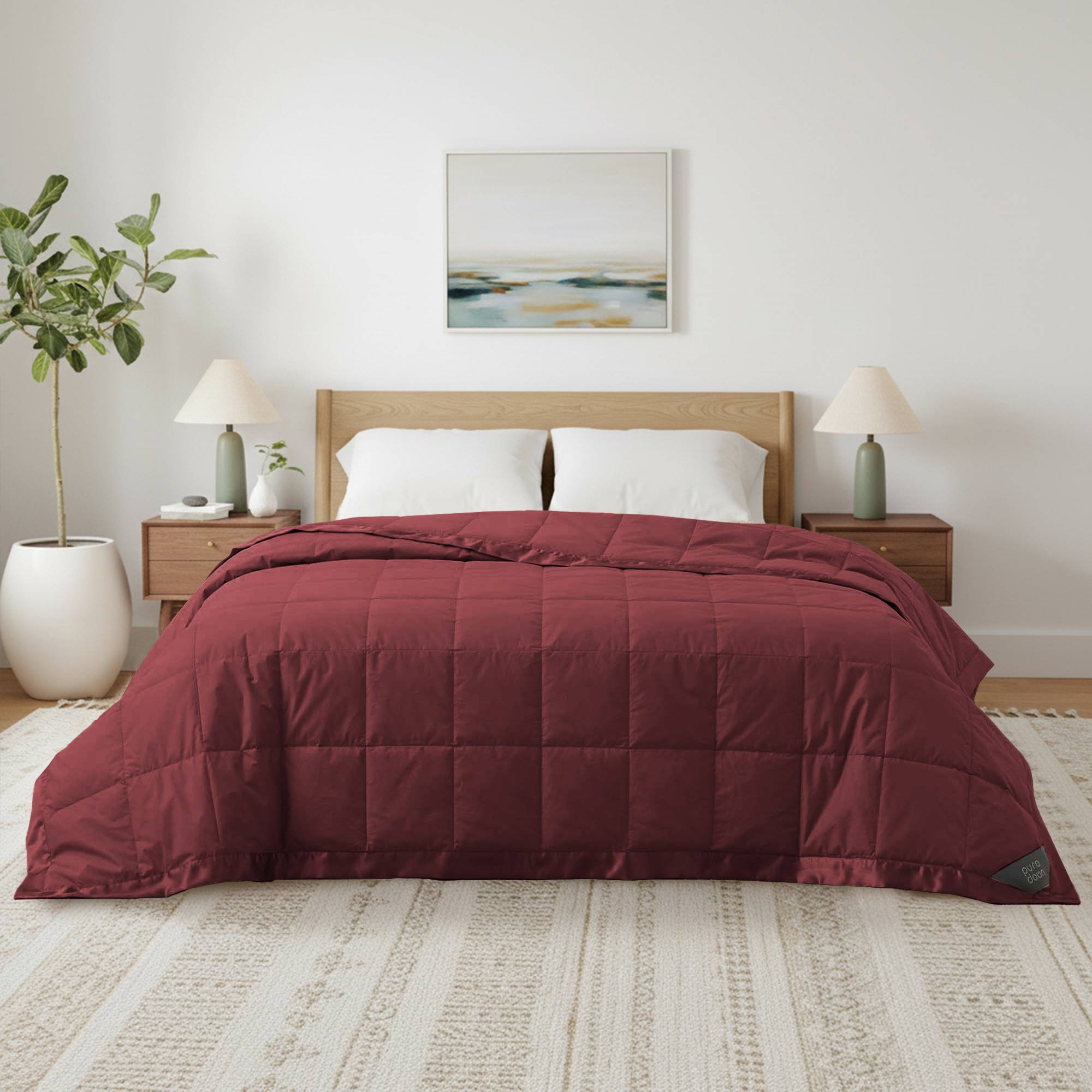 Lightweight wine red down blanket with 100% cotton cover and box quilting, featuring contrast piping and breathable comfort for year-round use