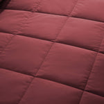 Lightweight wine red down blanket with 100% cotton cover and box quilting, featuring contrast piping and breathable comfort for year-round use