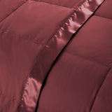 Lightweight wine red down blanket with 100% cotton cover and box quilting, featuring contrast piping and breathable comfort for year-round use