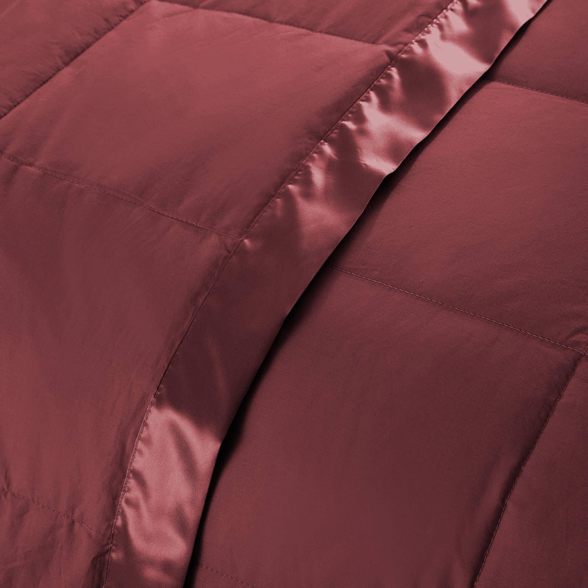 Lightweight wine red down blanket with 100% cotton cover and box quilting, featuring contrast piping and breathable comfort for year-round use