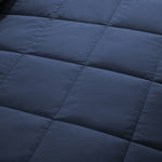 Lightweight navy down blanket with 100% cotton cover and box quilting, featuring contrast piping and breathable comfort for year-round use