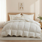 Crafted with a 100% organic cotton shell and filled with 90% natural white down, this comforter offers superior warmth and breathability. Its 800 fill power ensures a lightweight yet insulating sleep experience. Designed for year-round comfort, it features baffle box construction to maintain even fill distribution. Available in all-season and extra warm options, this comforter combines eco-friendly materials with luxurious softness for a restful night's sleep.