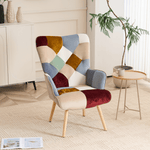 Multicolor patchwork accent chair with tufted back and cushioned seat, styled in a modern living space
