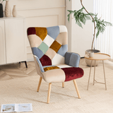 Multicolor patchwork accent chair with tufted back and cushioned seat, styled in a modern living space