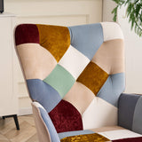 Close-up of multicolor jacquard patchwork upholstery on the tufted backrest of the accent chair