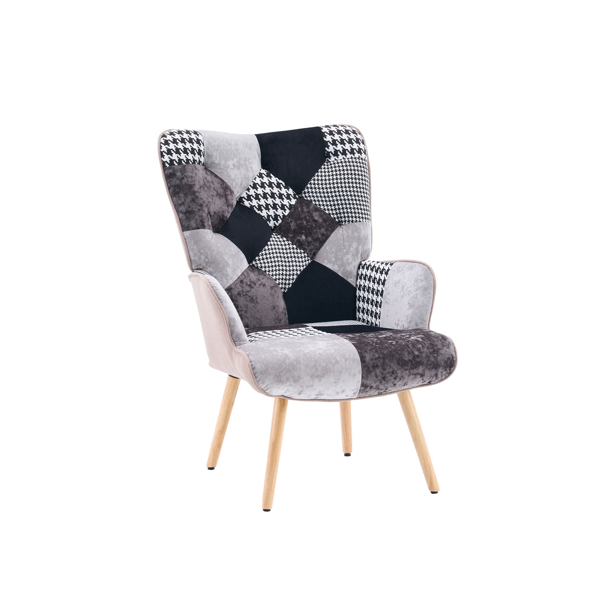 Patchwork accent armchair with gray and black jacquard upholstery, tufted back, padded armrests, and solid wood legs