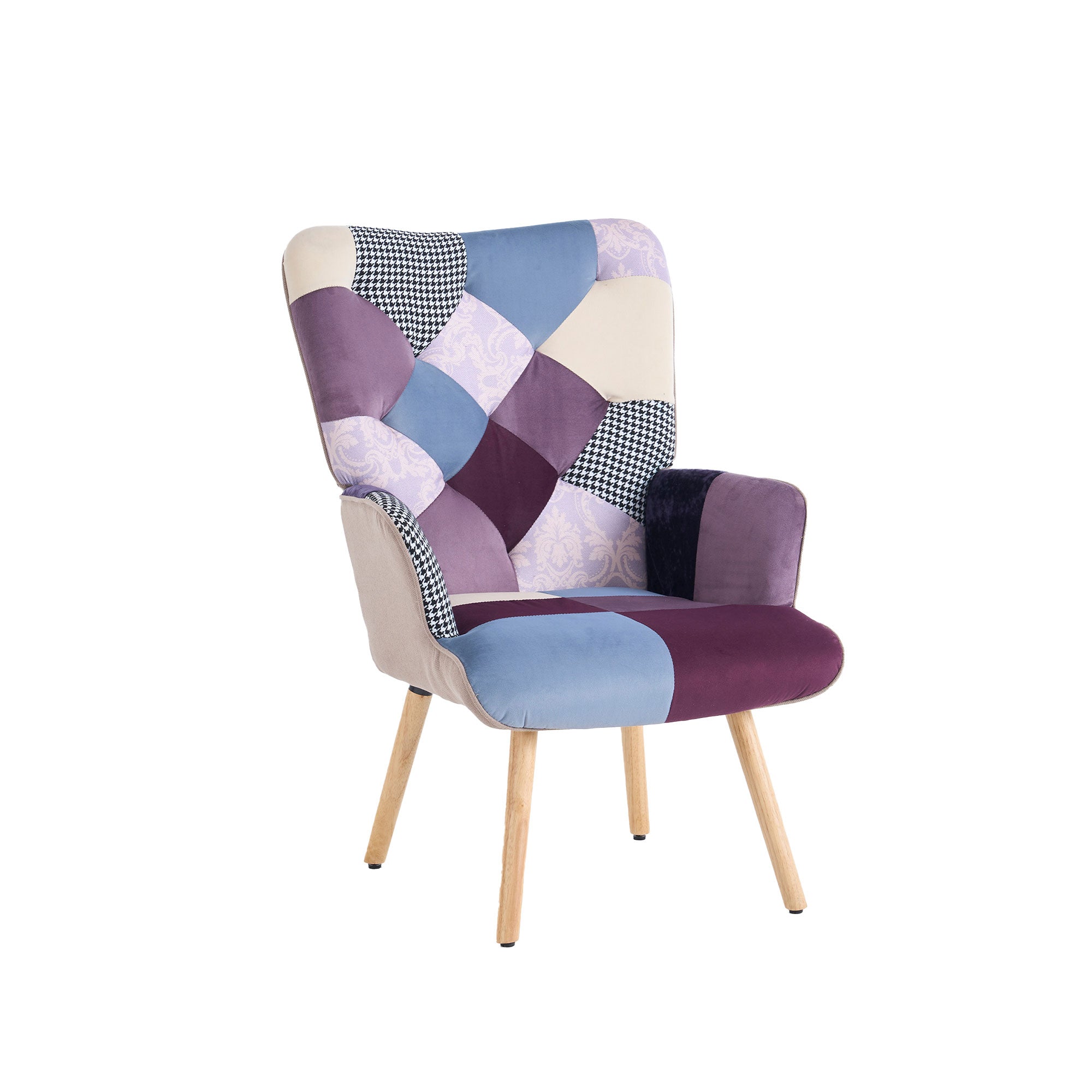 Patchwork accent armchair with purple and blue jacquard upholstery, tufted back, padded armrests, and solid wood legs