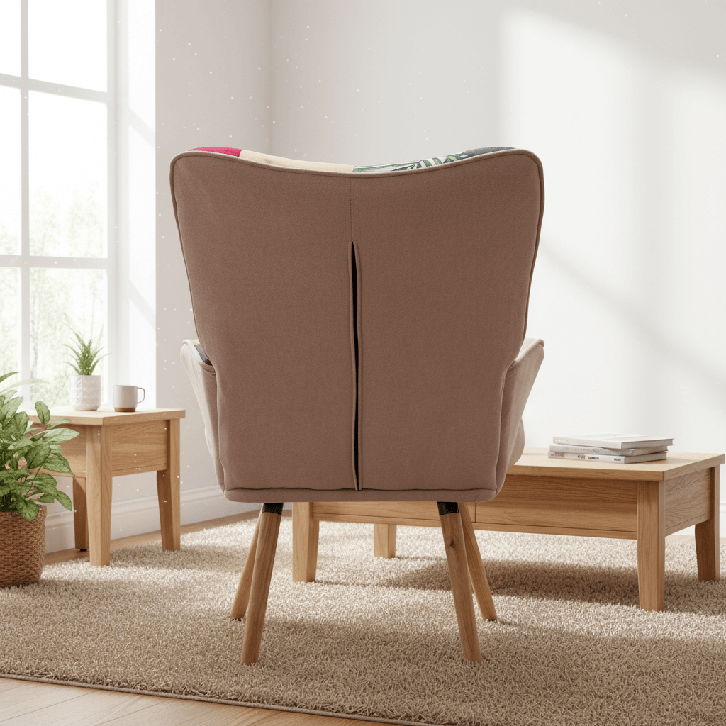 Back view of patchwork accent armchair showing solid wood frame and rubberwood legs
