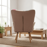 Back view of patchwork accent armchair showing solid wood frame and rubberwood legs
