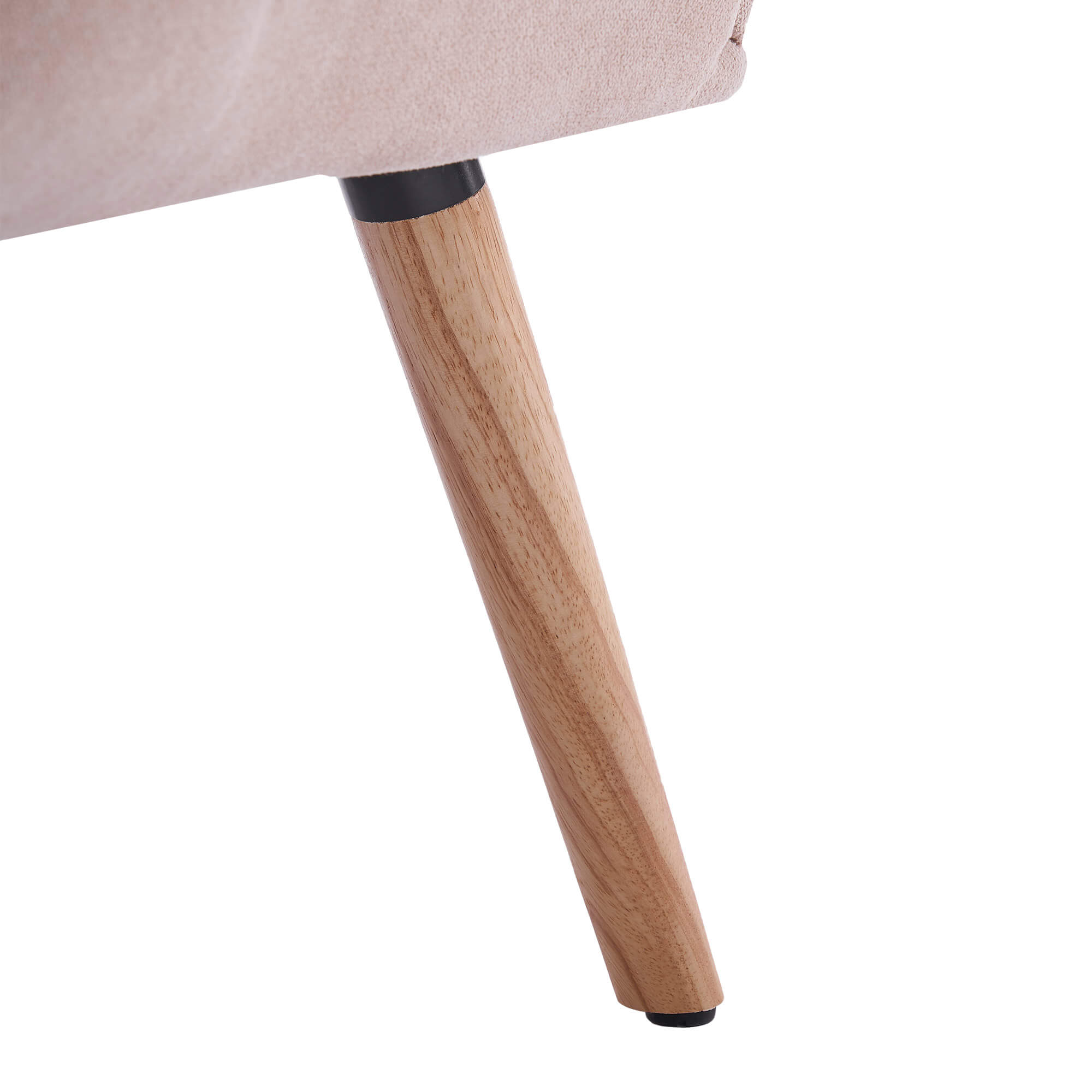 Close-up of solid rubberwood chair leg with natural wood finish and floor-protective foot