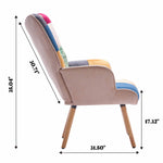 Side view of patchwork accent armchair with overall height and depth dimensions shown
