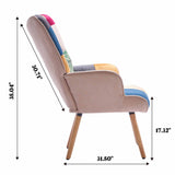 Side view of patchwork accent armchair with overall height and depth dimensions shown
