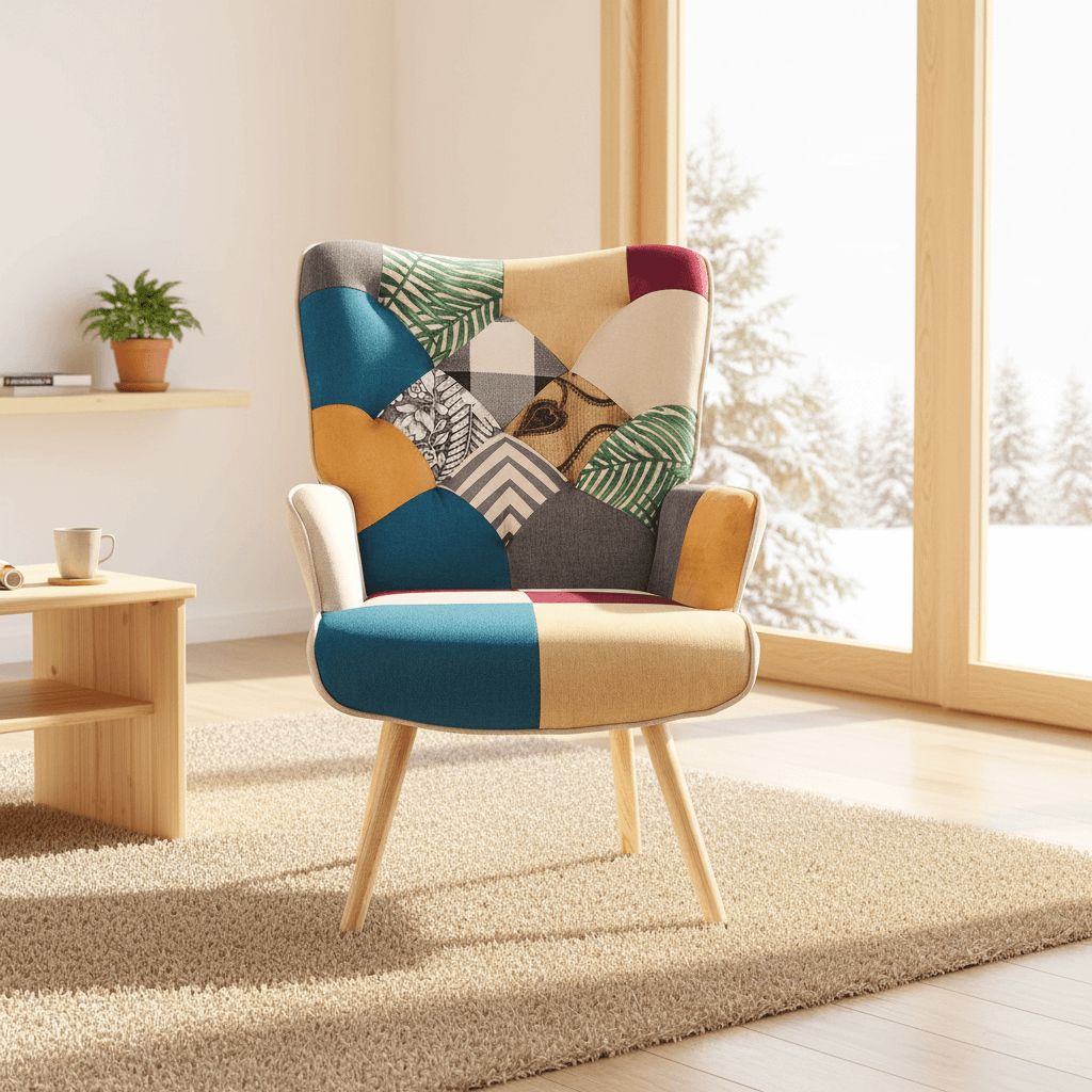Patchwork accent armchair styled in a bright living room, featuring colorful jacquard upholstery and wooden legs