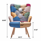 Front view of patchwork accent armchair with seat width and height measurements displayed
